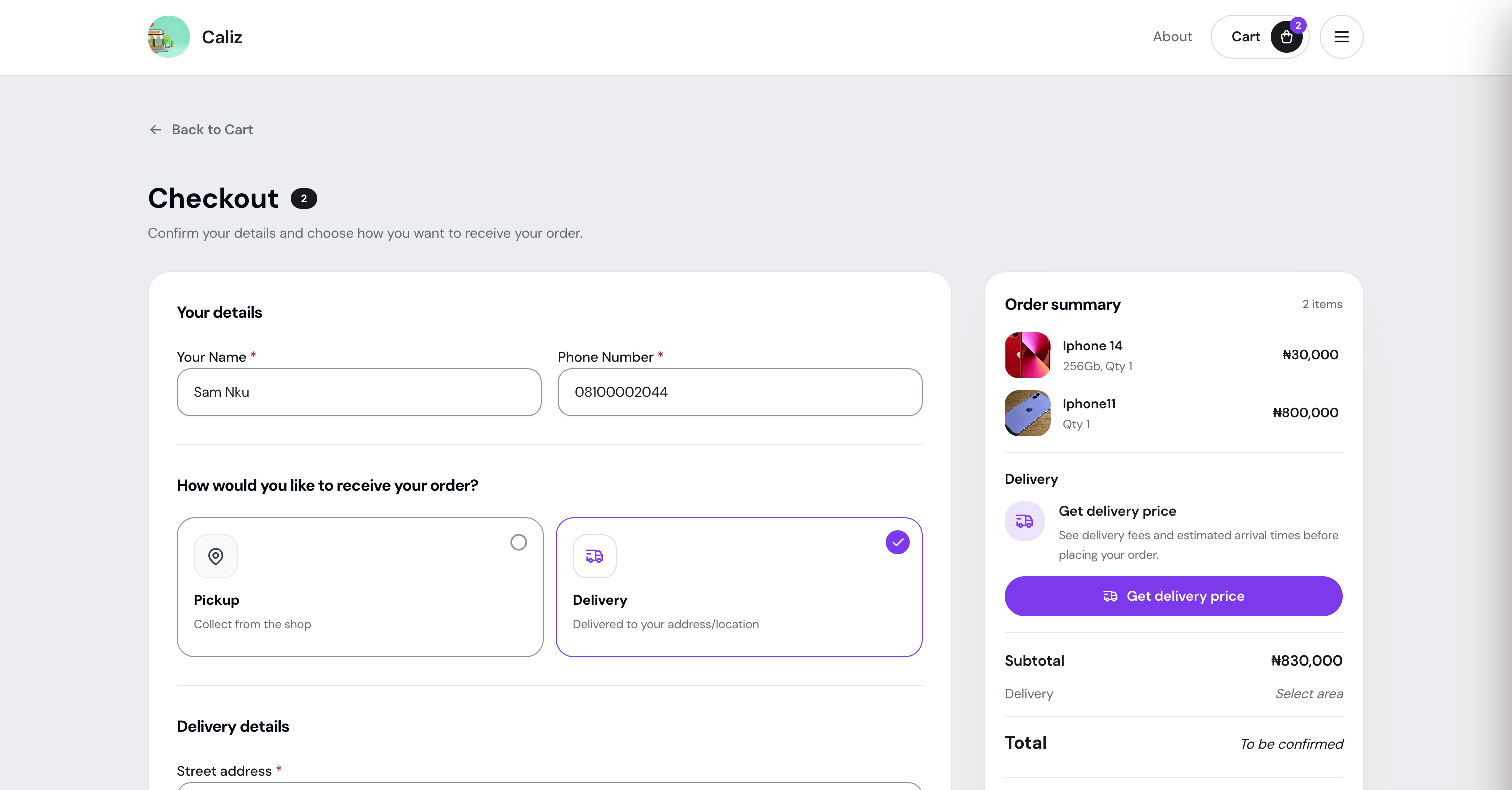 Order tracking and delivery management interface
