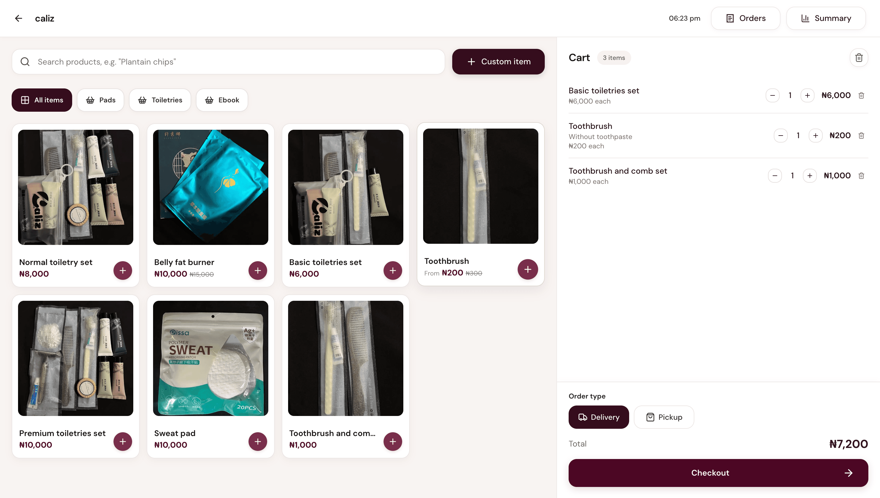 POS register with product grid, cart, and checkout