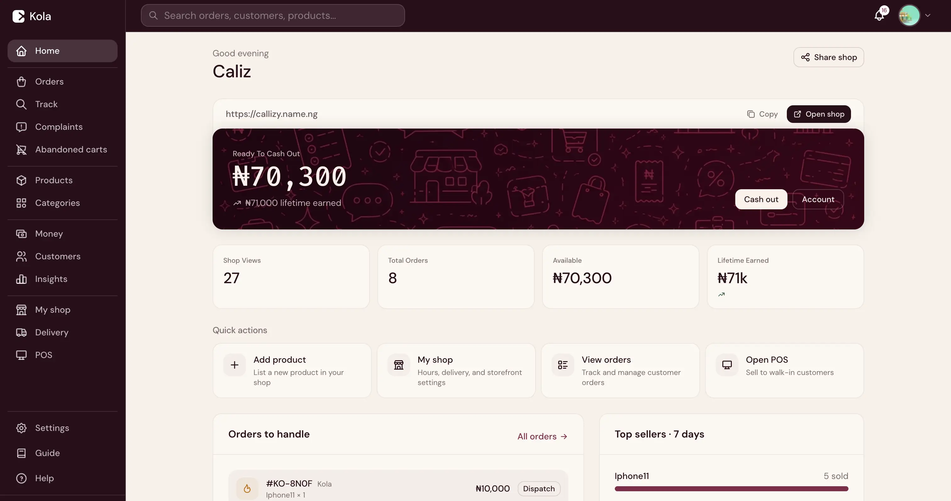 The Kola merchant dashboard with orders, earnings and quick actions