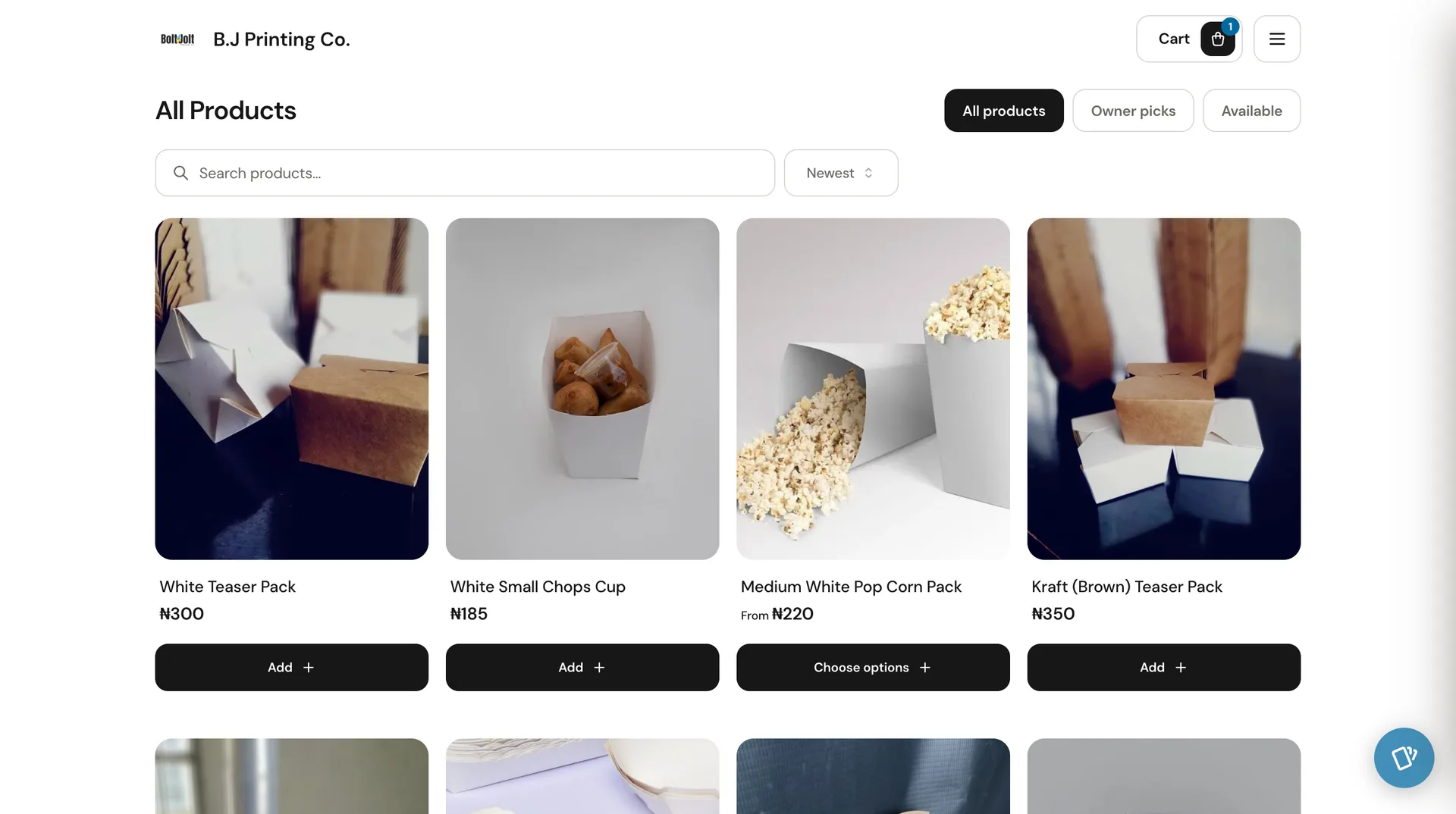 A Kola online store showing products with prices and add-to-cart buttons