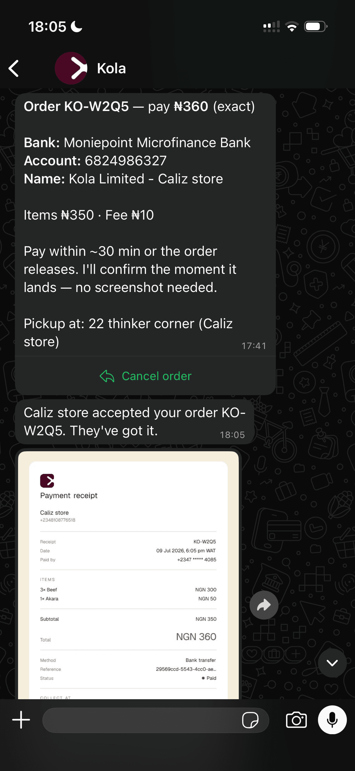 A real Kola WhatsApp conversation with an order payment and receipt
